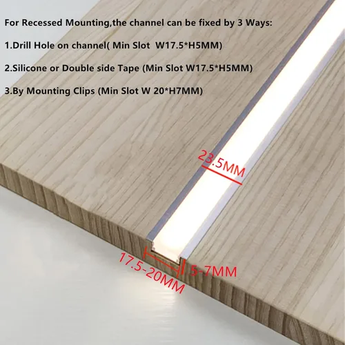 Miniatura 7 de THMOOTHER Difusor de canal negro para tira LED empotrada 8 paquetes de 6.56 pies, cinta LED de 23.5x7 mm de aluminio con brida, perfil bajo