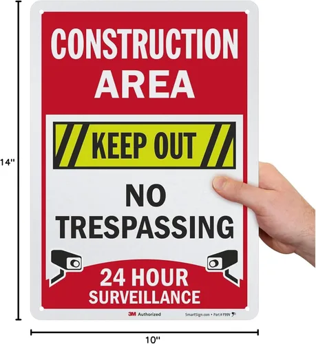 Miniatura 6 de SmartSign Letrero de "Área de construcción: Keep Out, No Trespassing, 24 Hour Surveillance" Aluminio reflectante de grado de ingeniero 3M de 10 x