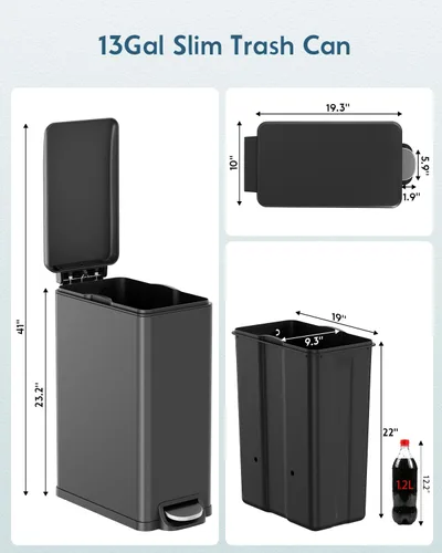 Miniatura 2 de Arlopu Basurero delgado de cocina de 13.2 galones con tapa, cubo de basura de acero inoxidable de 50 L, cubo de basura grande para cocina, cubo