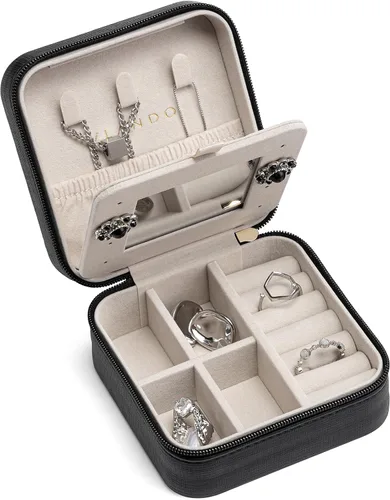 Vlando Estuche de joyería de viaje, caja organizadora de viaje pequeña para niñas y mujeres con espejo negro