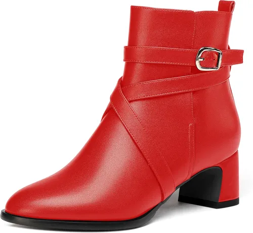 Miniatura 19 de WAYDERNS Botas altas de tobillo con hebilla casual para mujer, con correa de tobillo sólida mate, tacón bajo y grueso, 2 pulgadas