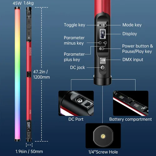 Miniatura 7 de GVM - Tubo de luz RGB con caja de luz, 2 paquetes de luz de varita de mano de 45 W, tubo de luz LED a todo color de 48 pulgadas, luz de palo