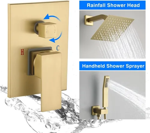 Miniatura 5 de JOYWELL - Grifo de ducha dorado cepillado, cabezal de ducha de 8 pulgadas Accesorios de ducha de equilibrio de presión de 2 funciones,Pulverizador