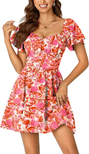 Miniatura 8 de Rooscier Minivestido acampanado de manga corta con volantes, cuello cuadrado, envolvente y espalda anudada para mujer