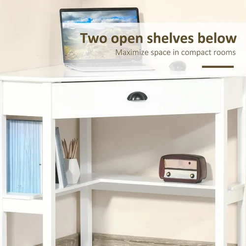 Miniatura 7 de HOMCOM Escritorio esquinero, escritorio triangular para computadora con cajón y estantes de almacenamiento para espacios pequeños, estación