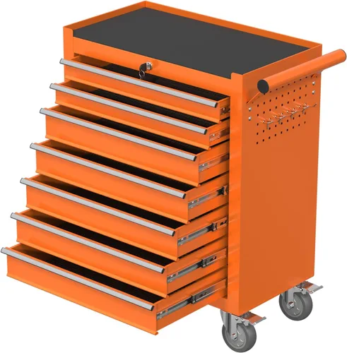 Miniatura 15 de Caja de herramientas con ruedas de 5 cajones, armario de almacenamiento de herramientas de metal con cerradura y llaves y giratorio, caja de Naranja