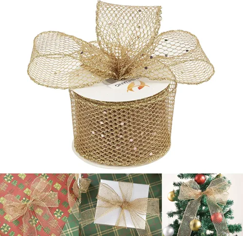 Miniatura 8 de HUIHUANG Cinta de malla con alambre con purpurina dorada, cinta metálica con borde de alambre brillante para envolver regalos, hacer coronas, lazos