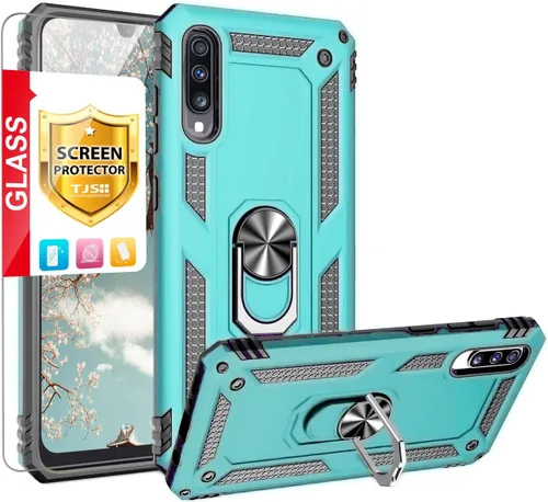 Miniatura 12 de TJS Funda compatible con Samsung Galaxy A50 2019, con protector de pantalla de vidrio templado, anillo de metal, soporte magnético, resistente Negro