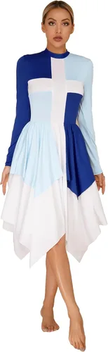 Aislor Vestido de baile de alabanza litúrgica de bloque de color para mujer, manga larga, túnica de adoración de iglesia, ropa de baile lírico