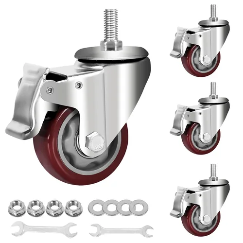 Miniatura 10 de AOCHENLY Ruedas giratorias, ruedas resistentes M8-1.25x1-1/5, ruedas giratorias roscadas con frenos dobles, juego de 4 (M8-1.25x1-1-1/5, 3 pulgadas)