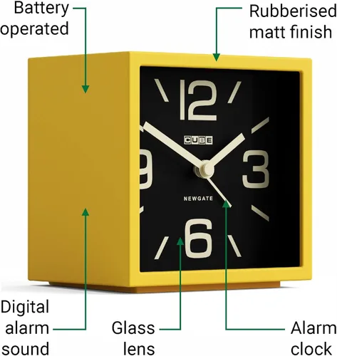 Miniatura 5 de NEWGATE® Reloj despertador en forma de cubo Alarma retro en forma de cubo Amarillo cítrico Ideal para mesita de noche, escritorio, estante