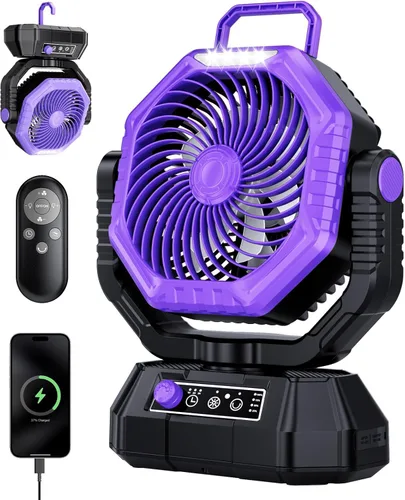 Miniatura 10 de AJVV Ventilador de campamento, batería oscilante, portátil, recargable, con luz y control remoto para campamento, al aire libre, corte de energía