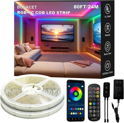 Miniatura 9 de Tira de luces LED de 20 pies COB Smart IC, luces LED RGB de 24V para dormitorio con control remoto RF, botón de aplicación inteligente
