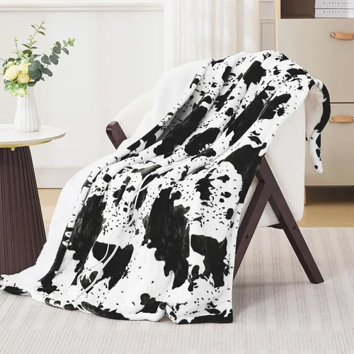 Manta térmica con estampado de vaca negra de 50 x 60 pulgadas, manta eléctrica con 6 ajustes de calor y temporizador de 1 a 12 horas, sherpa de