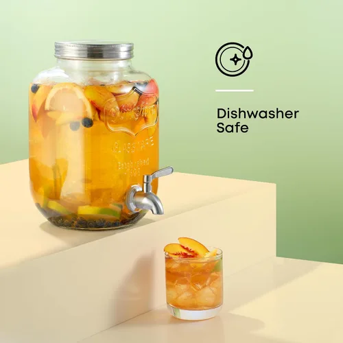Miniatura 6 de Dispensador de bebidas de 1 galón. Dispensador de bebidas de vidrio con espita de acero inoxidable más cilindro de hielo e infusor de frutas.