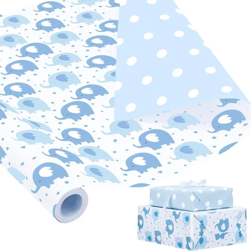 Miniatura 7 de woric Rollo de papel de regalo reversible para baby shower, de 17 pulgadas x 33 pies, papel de regalo para bebé niño con diseño de elefante azul