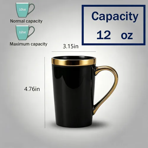 Miniatura 2 de Juego de 6 tazas de café de oro negro de 12 onzas, tazas de cerámica de porcelana con mango y borde dorados, apto para lavavajillas, regalo elegante