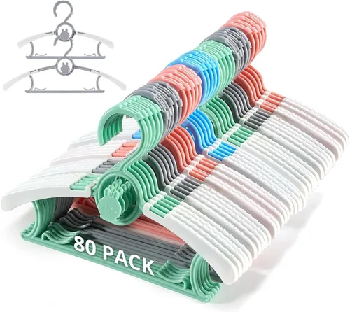 Miniatura 14 de Paquete de 60 perchas para niños, extensibles y apilables, perchas de mezcla de colores para niños pequeños, niños y adolescentes, perchas