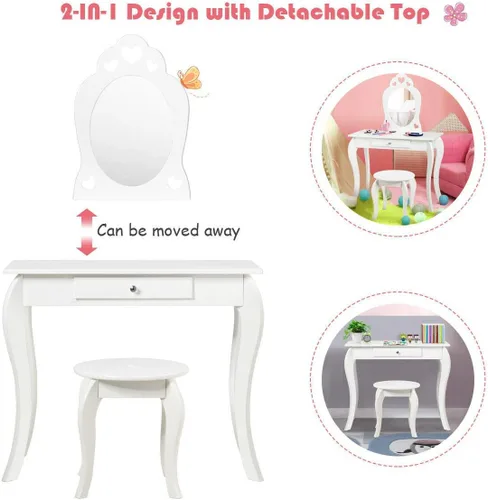 Miniatura 2 de Costzon Juego de tocador para niñas, set de tocador con espejo y taburete, cajón de almacenamiento, escritorio de maquillaje para niñas pequeñas