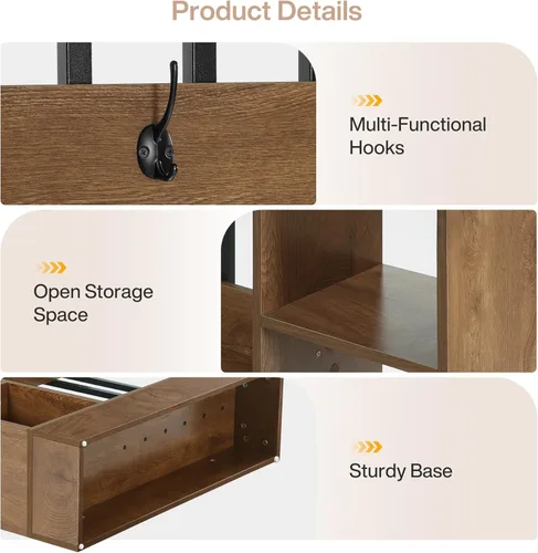 Miniatura 6 de Tribesigns Divisor de pared de habitación, estantería independiente de madera con estantes y ganchos para abrigos, partición de pared moderna de 71