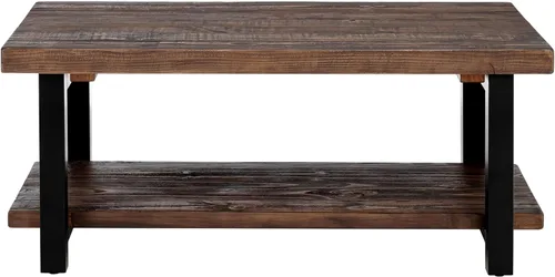 Miniatura 8 de Pomona - Mesa auxiliar rectangular de madera maciza de 42 pulgadas con estante de almacenamiento y patas de metal, mesa rústica industrial para sala
