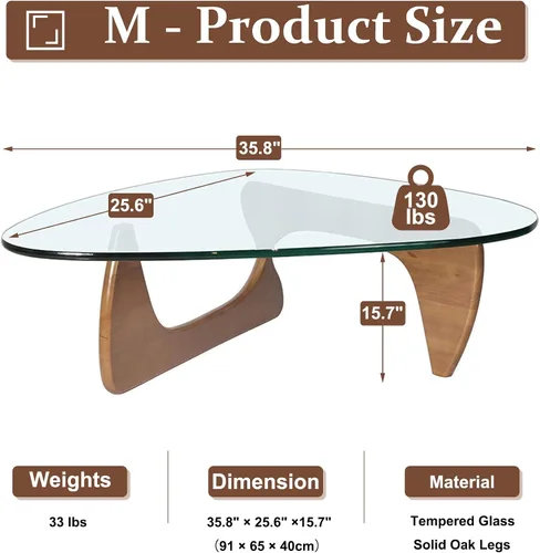Miniatura 2 de Mesa de Centro Triangular con Base de Madera, Superficie de Vidrio Transparente, Mesa de Vidrio de Mediados de Siglo, Mesa Auxiliar Abstracta