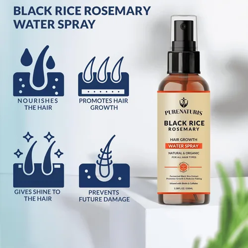 Miniatura 5 de PureNaturis Champú orgánico de agua de arroz negro con romero para el crecimiento del cabello, spray de agua de arroz, con agua de romero, biotina