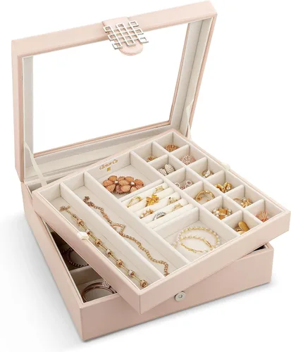 Glenor Co - Joyero de 28 secciones 2 capas Broche de hebilla y cierre magnético Tapa grande de cristal Diseño de cuero Arena Organizador de