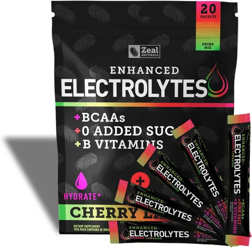Miniatura 9 de Paquetes de electrolitos mejorados en polvo (fresa y kiwi 20 paquetes) con 0 azúcar+BCAA + suplemento de electrolitos de vitaminas B con zinc