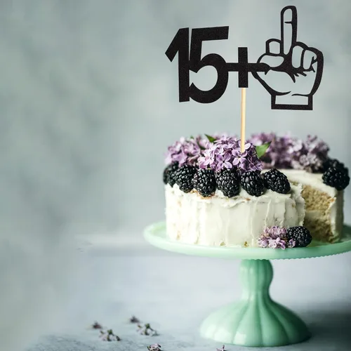 Miniatura 5 de Decoración para tartas con purpurina negra con dedo medio 15+1, decoraciones para fiesta de cumpleaños de 16 años, suministros divertidos