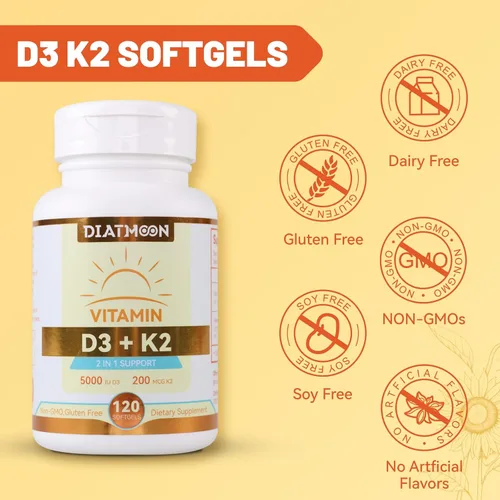Miniatura 7 de Cápsulas blandas de suplemento de vitamina D3 K2, vitamina D3 5000 UI y vitamina K2 MK7 200 mcg, soporte para huesos y dientes, fácil de tragar, 120