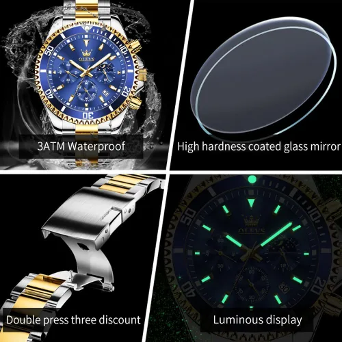 Miniatura 5 de OLEVS Relojes impermeables para hombre, de acero inoxidable, con cronógrafo, de lujo, color blanco, luminoso, de gran cara, analógico, de cuarzo