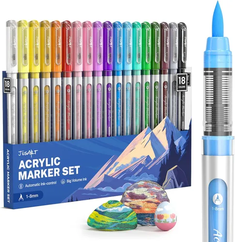 JusArt Marcadores de pintura acrílica, punta de pincel, 18 colores, marcadores a base de agua que no se corren con control automático de tinta,