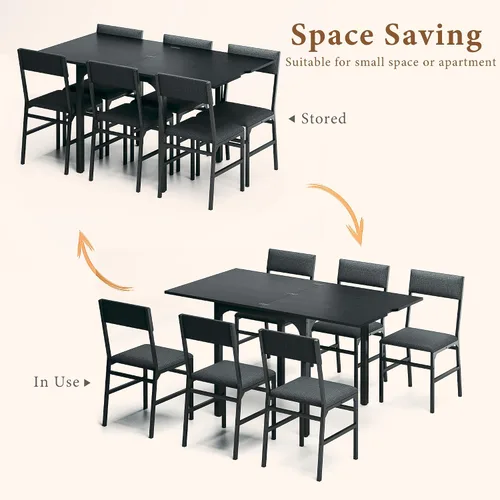 Miniatura 6 de Juego de mesa de comedor de 7 piezas para 4-6, sillas extensibles para mesa de cocina, juego de 6 con 6 sillas, mesa de comedor rectangular
