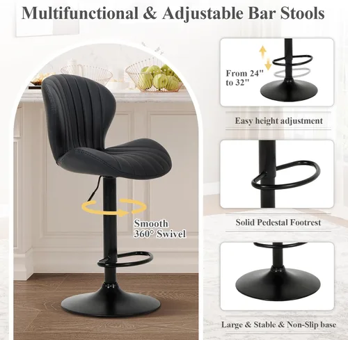 Miniatura 4 de COLAMY Juego de 1 Taburete de Bar, Sillas de Bar Giratorias Modernas, Taburetes de Bar Ajustables Tapizados en Cuero Sintético de Altura de Negro