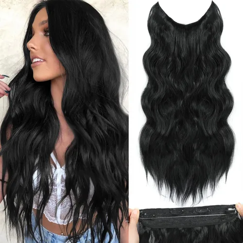 Miniatura 15 de Extensiones de cabello con halo de 12 pulgadas con alambre invisible, cabello largo ondulado ajustable, sintético, mejora con 4 clips de seguridad