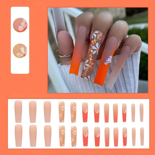 Miniatura 4 de IMSOHOT Uñas postizas, acrílicas de color naranja mate, puntas francesas cuadradas, 24 unidades, uñas extra largas con pegamento con bonitos diseños