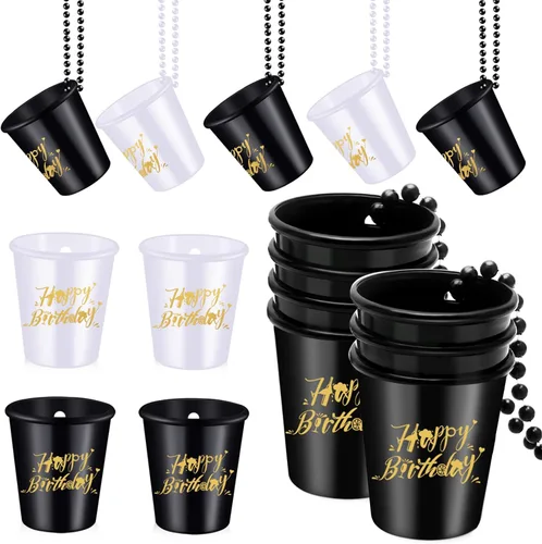 24 collares de cristal de chupito de feliz cumpleaños en cuentas, taza de plástico para accesorios de fotos, suministros de fiesta de cumpleaños