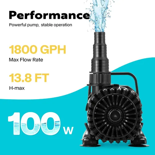 Miniatura 2 de VIVOHOME Bomba de agua sumergible de 100 W 1800 GPH con salida de agua ajustable de 180°, elevación de 13.8 pies de altura para fuentes de cascada