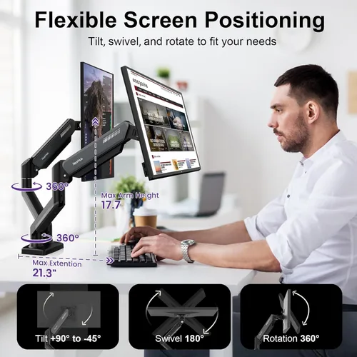 Miniatura 3 de NearHub - Soporte de escritorio para doble monitor para pantalla de computadora de 13-32" y hasta 10 kg, rotación de 360°, inclinación de +90° a