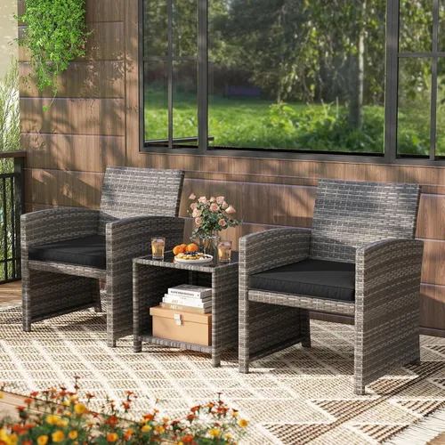 Miniatura 8 de KOTEK Juego de muebles de patio de 3 piezas, sillas de patio de mimbre para exteriores con cojines y mesa de almacenamiento, juego de bistró