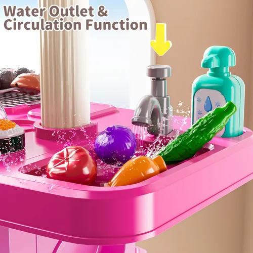 Miniatura 2 de Juego de cocina para niños, juego de cocina 2 en 1 con sonido y luz, fregadero de paly con 60 piezas de juguete de comida y accesorios de cocina