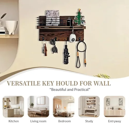 Miniatura 5 de Soporte para llaves de pared, soporte para llaves en la pared con estante, soporte para llaves y correo para pared con 4 ganchos dobles para correa