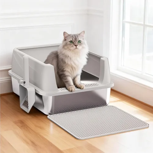 Miniatura 6 de Henkelion Caja de arena para gatos de acero inoxidable con tapa, caja de arena extra grande para gatos grandes con lados altos, antiadherente