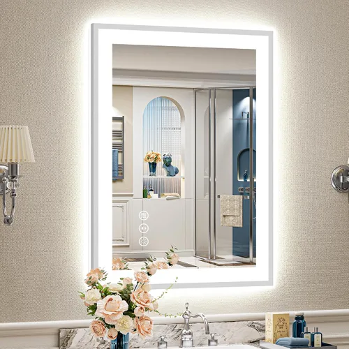 Miniatura 77 de 24x30 Espejo de baño LED con marco negro con luces, retroiluminado + iluminación frontal, espejo de tocador iluminado antivaho para pared de baño