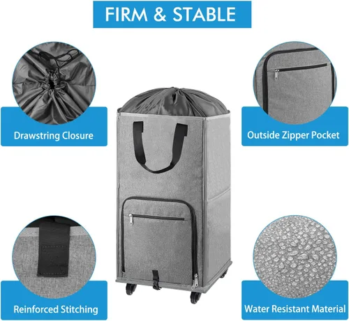 Miniatura 5 de Bukere - Cesta de lavandería con ruedas, cesta grande con 4 ruedas y 2 asas, bolsa de lavandería con ruedas plegable independiente para ropa, Gris
