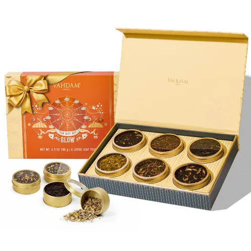 VAHDAM, Surtido de juegos de té – Brillo (6.3 onzas, más de 90 tazas) 6 hojas sueltas – Té Chai, té de hierbas, té negro | Sin gluten, sin OGM |