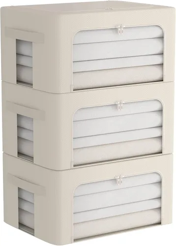 Miniatura 13 de Paquete de 3 cajas de almacenamiento con marco, bolsas de almacenamiento de ropa, tela Oxford, plegable, apilable, juego organizador con ventana