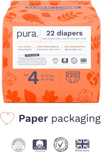 Miniatura 2 de Pura Pañales Ecológicos Talla 4 (18-31 libras) TCF Hipoalergénicos, Algodón Orgánico Suave, Sostenible, hasta 12 Horas de Protección contra Fugas