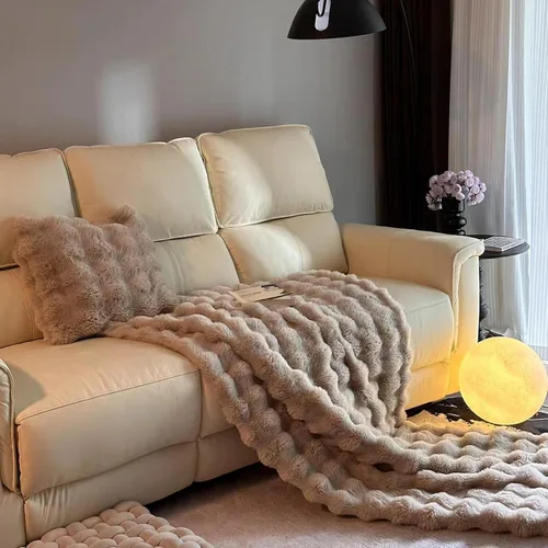 Miniatura 8 de Manta de pelo sintético de felpa de conejo, gruesa y cálida para todas las estaciones, manta peluda suave y mullida para sofá, cama, decorativa Beige